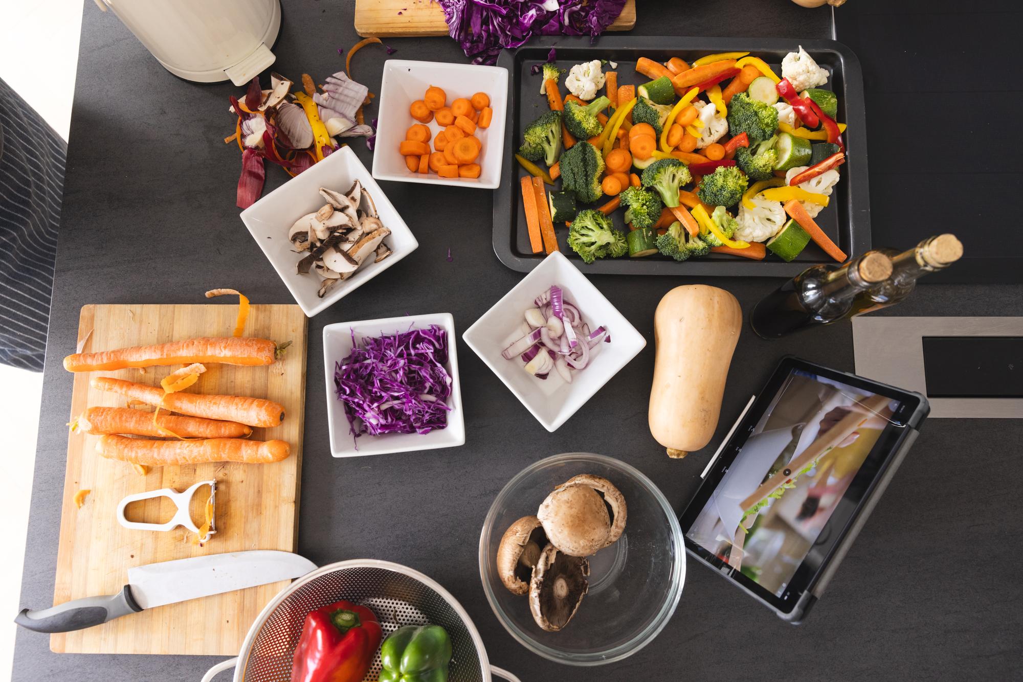 Preparation station with prepped ingredients